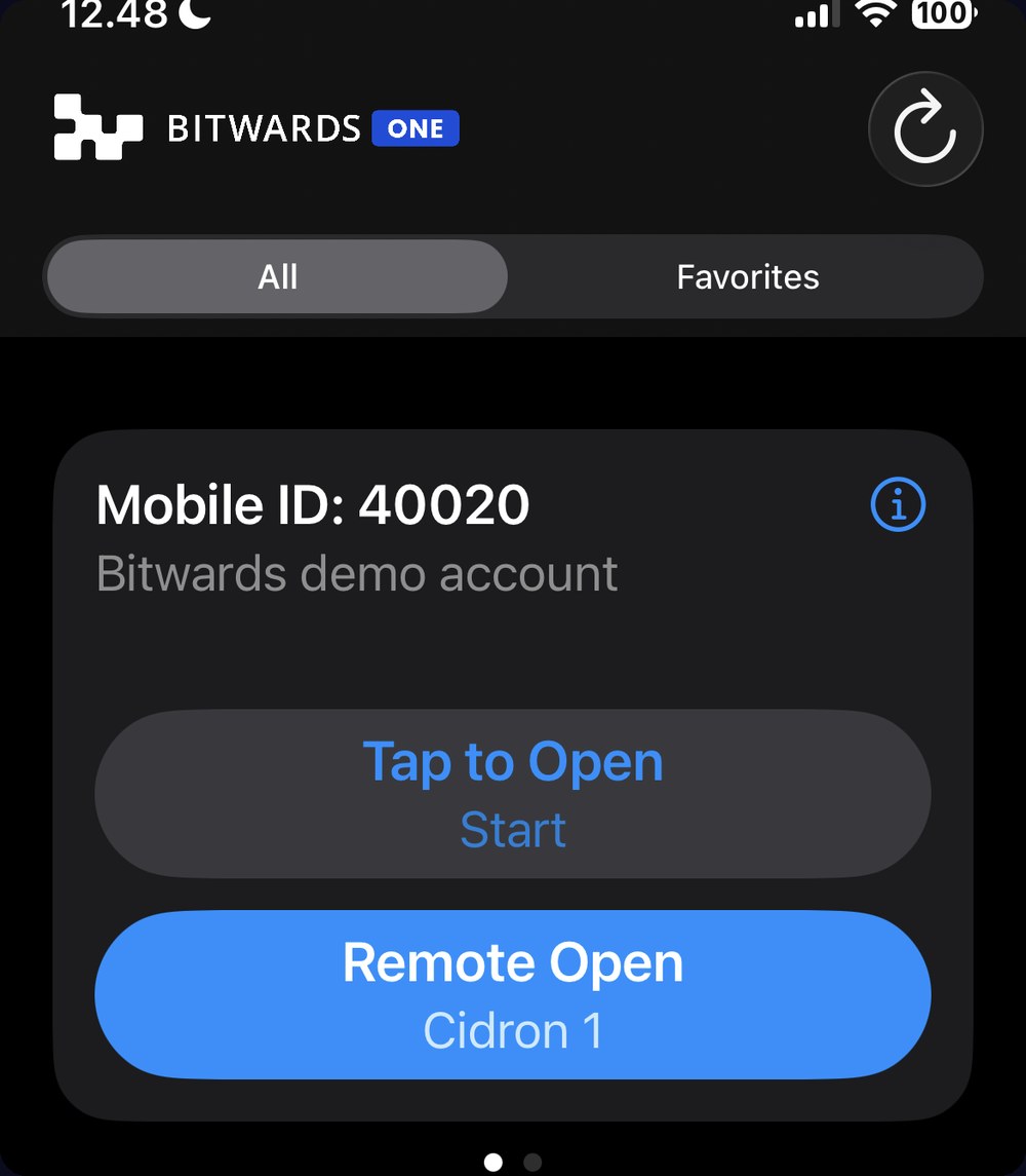 The Bitwards ONE app on an iPhone, showing a mobile ID card with Tap to Open and Remote Open buttons