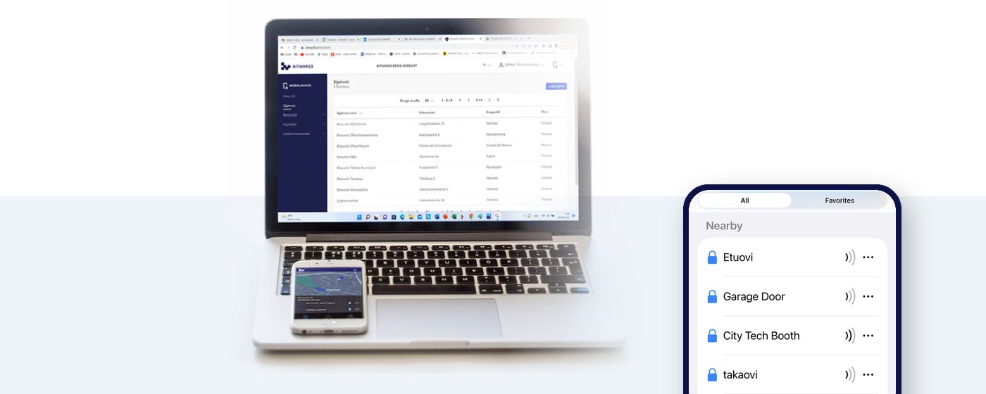 A laptop showing the Bitwards cloud dashboard with the sites list, and the app on a phone beside it listing the doors it holds keys to
