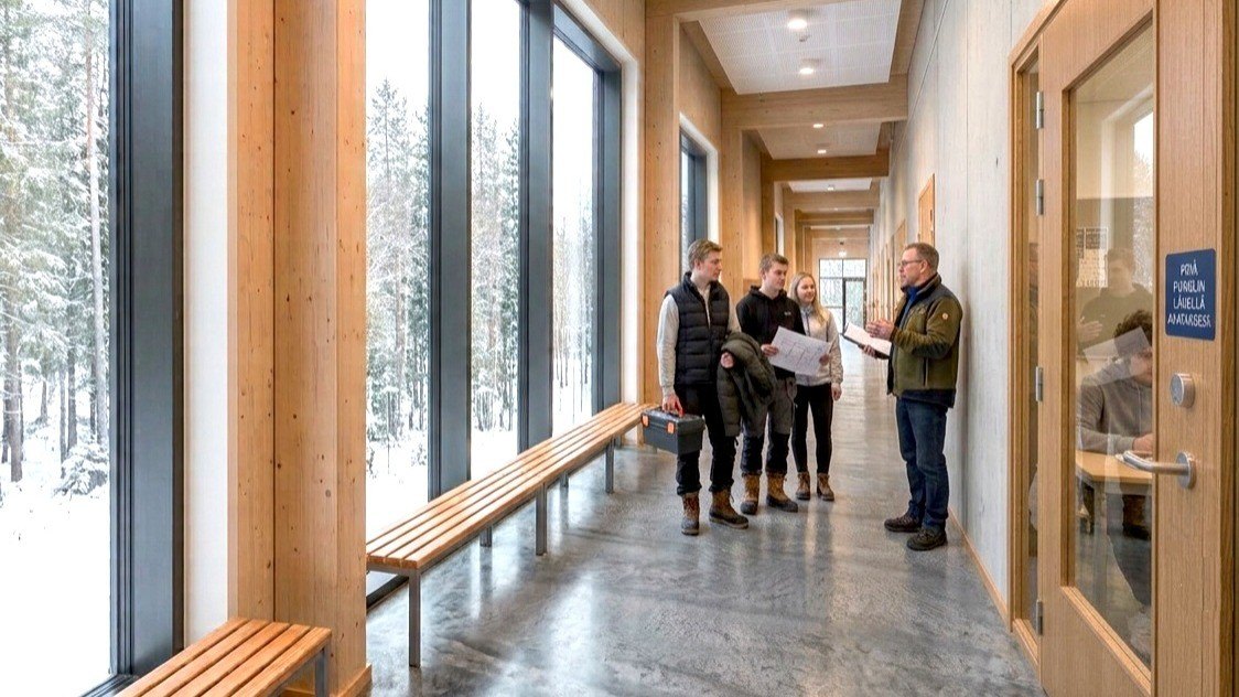 Students and a member of staff talking in a timber-lined school corridor, beside a classroom door with an electronic lock and a reader