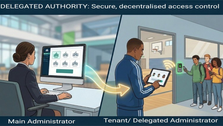 Delegated authority: on the left a main administrator at a desktop managing a portfolio of buildings; on the right a sports coach with a tablet admitting his own group through a door, the permission passed from one to the other